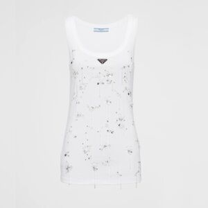 Prada Crystal Embroidered White Ribbed Knit Jersey Top Size 36 XS